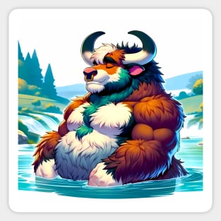 Bathing Bull Muscular Bara Furry Art Sticker